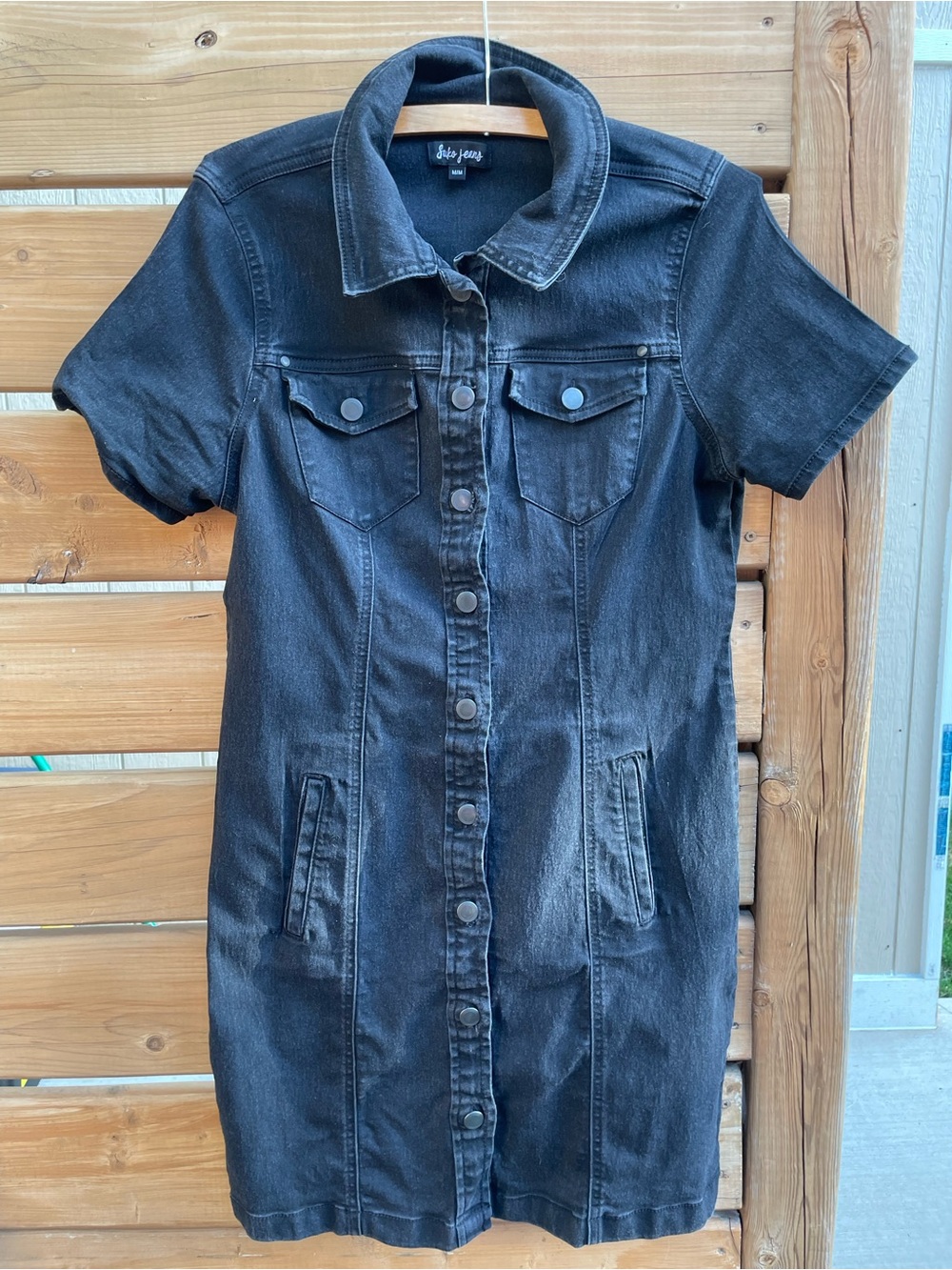 🖤 SUKO JEANS Black Washed Denim Shirt Dress M Y2K Vibe